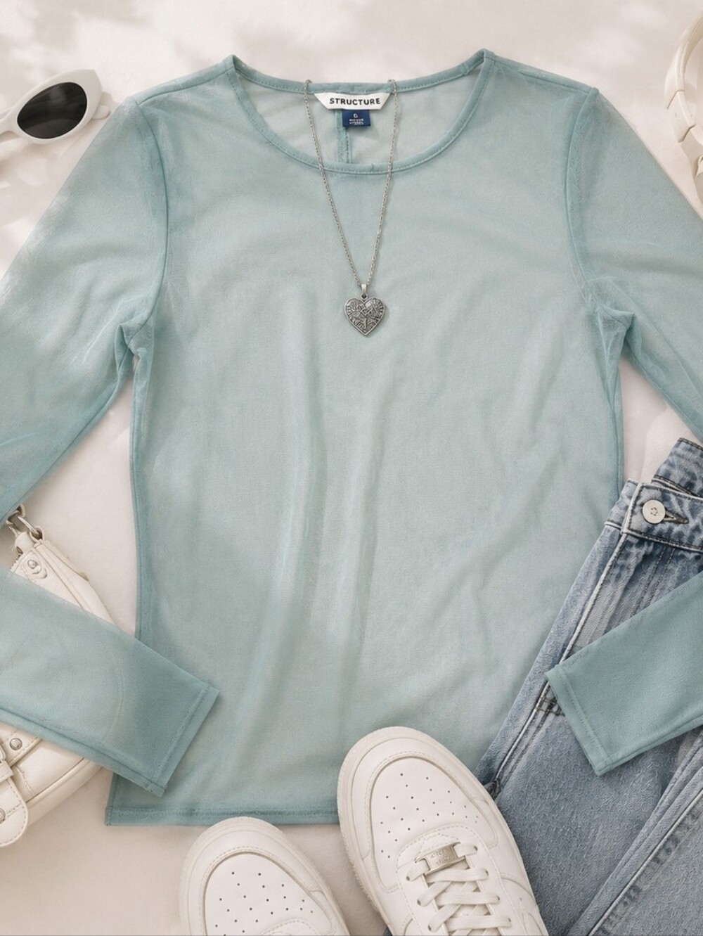 American Eagle Mesh Sheer Long Sleeve Top Women Medium Mint Layering Y2K Stretch